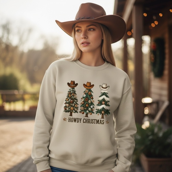 Christmas Tree Sweatshirt Howdy Christmas gifts Women Men soft fun cozy White - Picture 3 of 11